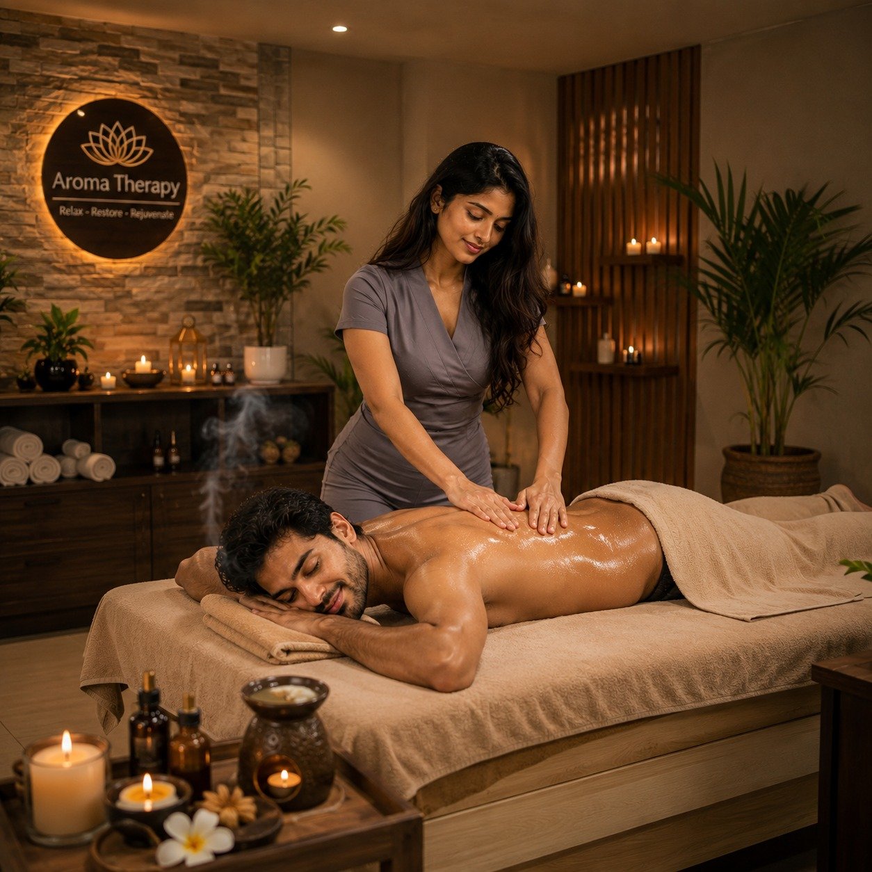 Aromatherapy massage with warm essential oils at S K Spa Kondapur