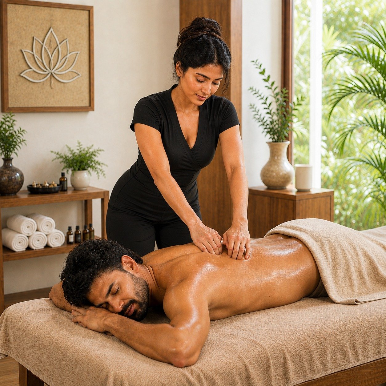 Deep tissue massage targeting shoulder and back tension at S K Spa Kondapur