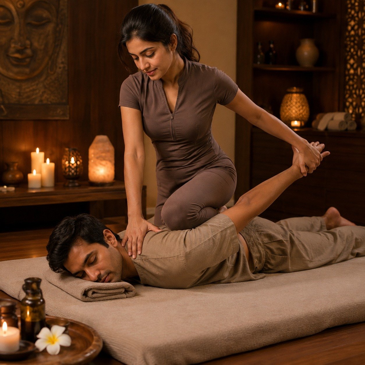 Assisted stretching during a traditional Thai massage at S K Spa Kondapur